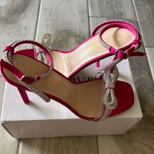 Hot pink Satin Double Bowknots Crystal Sandals Clear Slingback Heels
